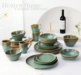 Henten Home Specjalne talerze kamionkowe, miski na przekąski i sosy - 20x17cm dla 4 osób, porcelanowe talerze śniadaniowe - nowoczesny zielony design