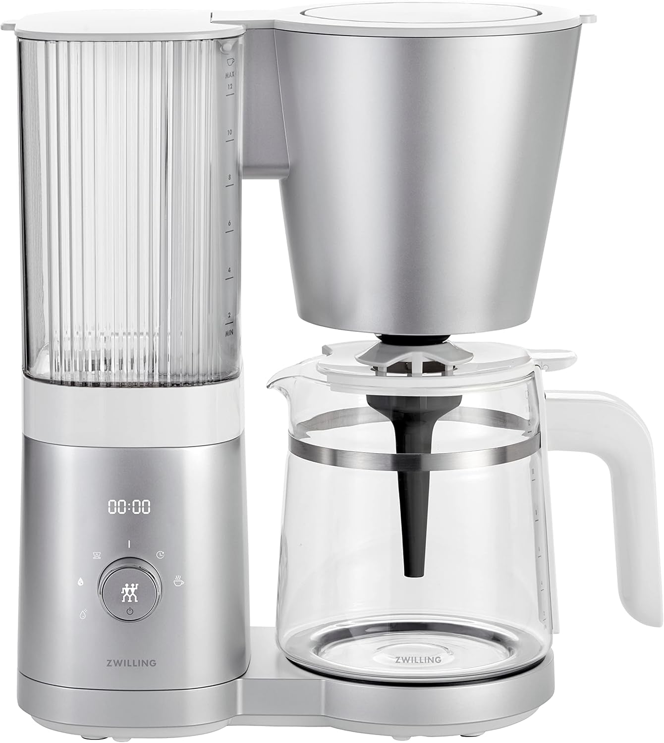 ZWILLING ENFINIGY Filtrowy ekspres do kawy ze szklaną karafką 1,5 l, ekspres do kawy z bojlerem ze stali nierdzewnej, funkcją Blooming i inteligentnym odkamienianiem, tworzywo sztuczne, srebrny