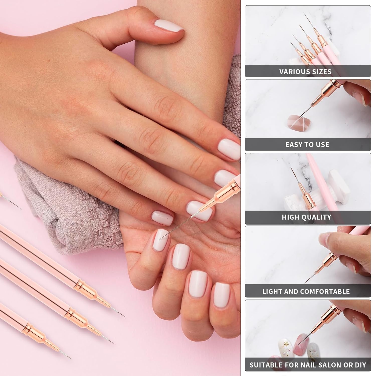 Nail Art Liner-Pędzel 5-Teiliges Gel-Nagellack-Malerei-Nagel-Punkt-Zeichnungs-Werkzeug Für Lange Linien Kunst-Design-Stift-Set Metallgriff Nail-Art-Design-Binsel Für Frauen