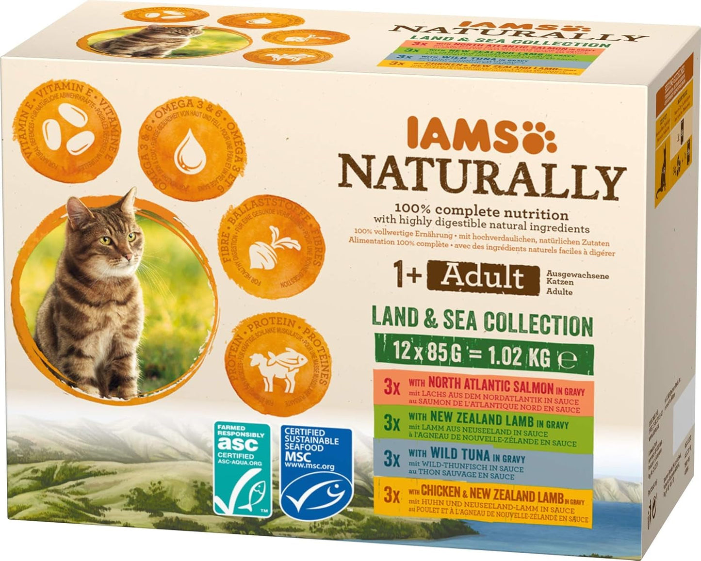 IAMS Natural Mokra karma dla kotów w sosie - Wysokiej jakości mokra karma mięsna i rybna dla dorosłych kotów, kolekcja Land & Sea, 12 x 85g