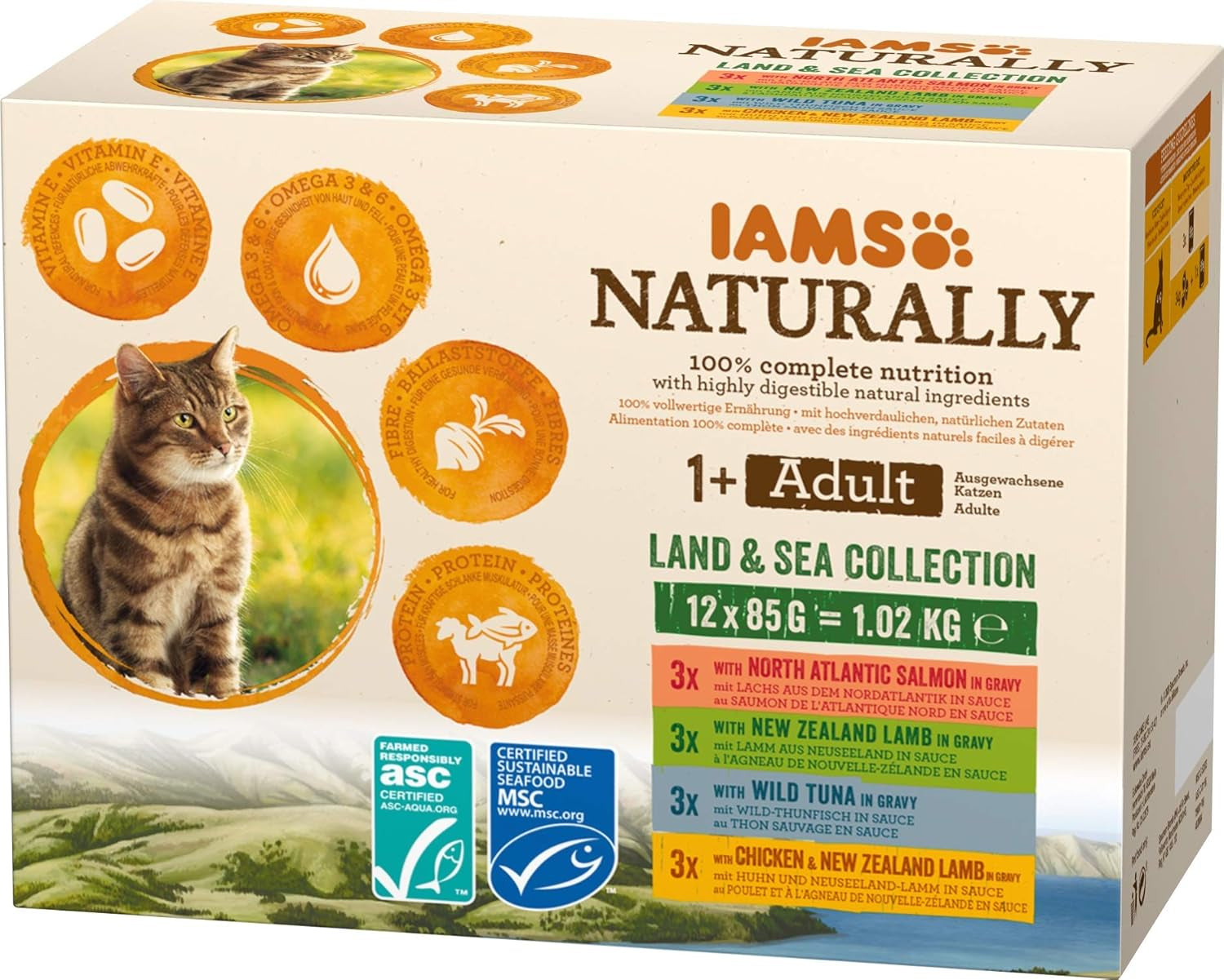 IAMS Natural Mokra karma dla kotów w sosie - Wysokiej jakości mokra karma mięsna i rybna dla dorosłych kotów, kolekcja Land & Sea, 12 x 85g
