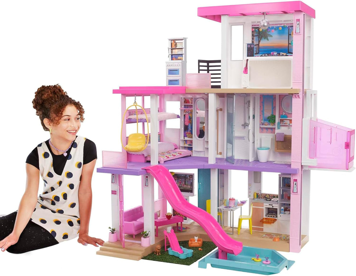 Dom marzeń Barbie (114 cm), 3-piętrowy dom dla lalek, basen, zjeżdżalnia, winda dla wózków inwalidzkich, 75 akcesoriów, lalki, nadaje się na prezent dla dzieci w wieku 3 lat i starszych, GRG93 Naty Shop Dollhouses Wersja 2021