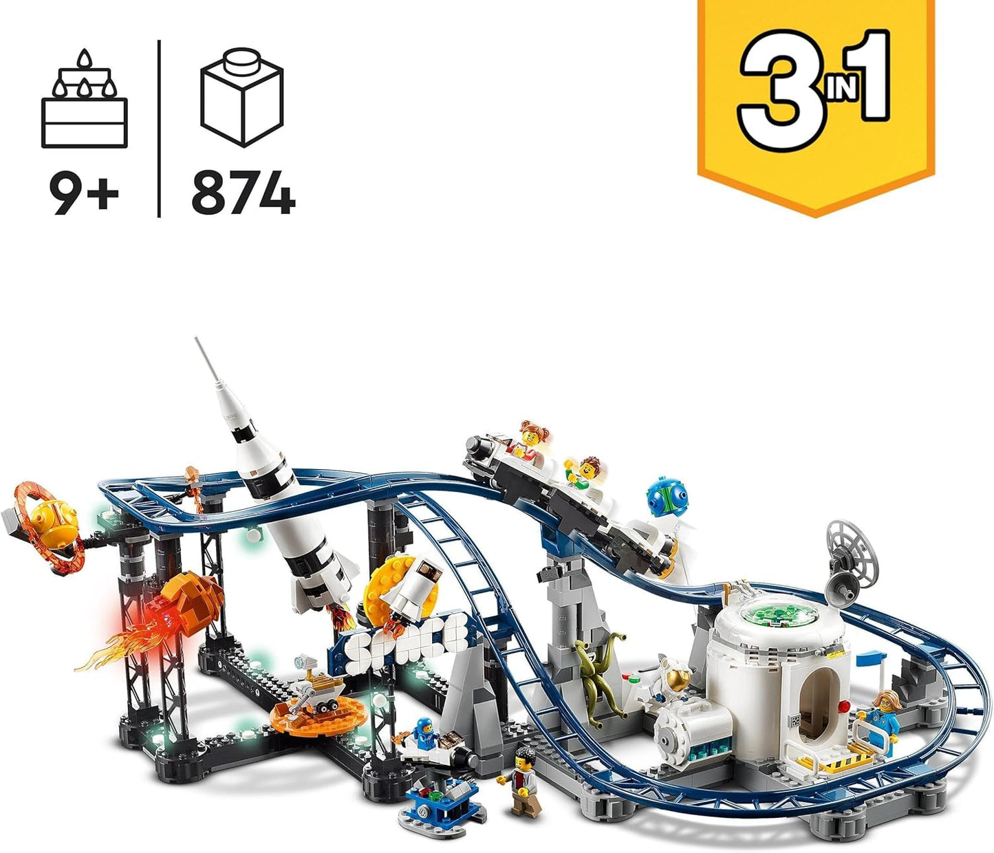 LEGO 31142 Creator Kosmiczny rollercoaster 3 w 1 dla dzieci z działającymi wózkami, który można przekształcić w wieżę swobodnego spadania lub karuzelę z rakietami i świecącymi klockami Zestawy konstrukcyjne Besuche den LEGO-Store