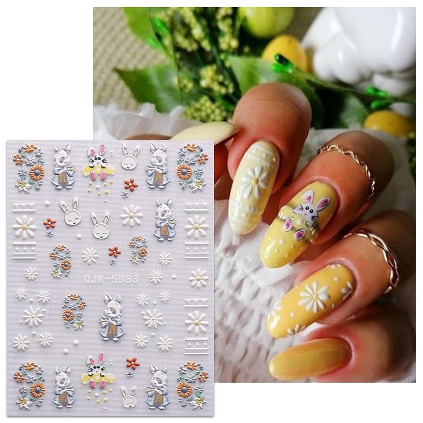 JMEOWIO 6 Blatt 3D Nagelsticker Ostern Nail Art Naklejka Selbstklebend Nagelaufkleber 5D Stereoskopisch Süßer Hase Ei Dekoration Nageldesign Zubehör