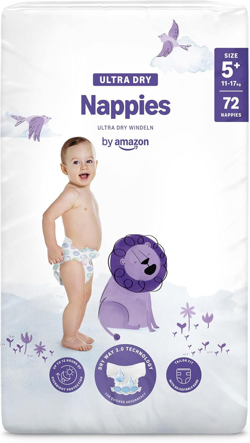 Pieluchy Amazon Ultra Dry, rozmiar 3 (4–9 kg) – pudełko miesięczne, białe, 172 sztuki (2 opakowania po 86) (dawniej Mama Bear, identyczny produkt)
