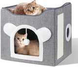 Katzenbetten für Indoor Katzen, Faltbares Katzenhaus, Katzenhöhle 2 Schicht Würfel Großer Raum Katzenbett mit Kratzbrett und Spielball, 15,8 x 15,8 x 15 cali