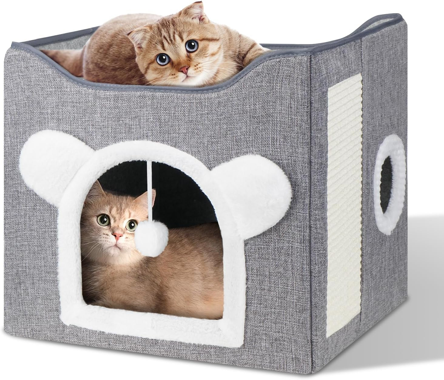 Katzenbetten für Indoor Katzen, Faltbares Katzenhaus, Katzenhöhle 2 Schicht Würfel Großer Raum Katzenbett mit Kratzbrett und Spielball, 15,8 x 15,8 x 15 cali