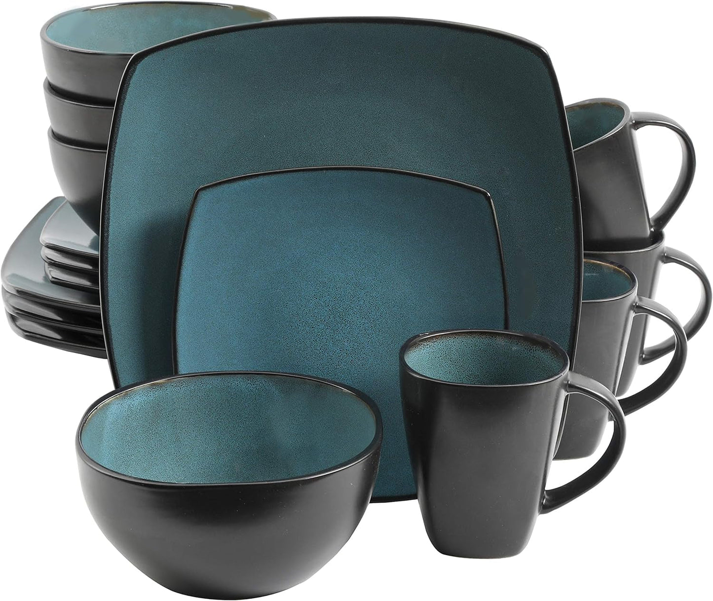Gibson 99813.16R Elite Soho Lounge Reactive Glaze 4-osobowy zestaw naczyń obiadowych, 16-częściowy, niebiesko-zielony/czarny efekt dwukolorowy