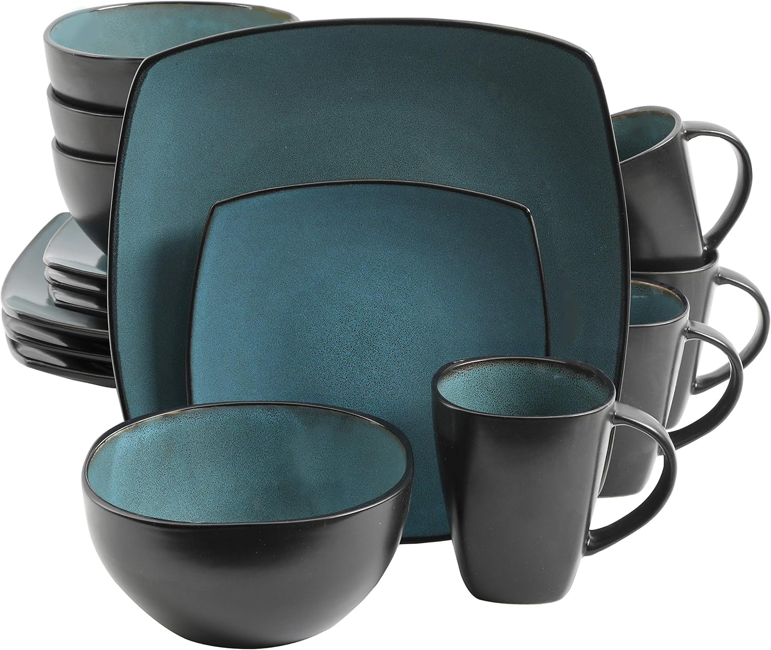 Gibson 99813.16R Elite Soho Lounge Reactive Glaze 4-osobowy zestaw naczyń obiadowych, 16-częściowy, niebiesko-zielony/czarny efekt dwukolorowy