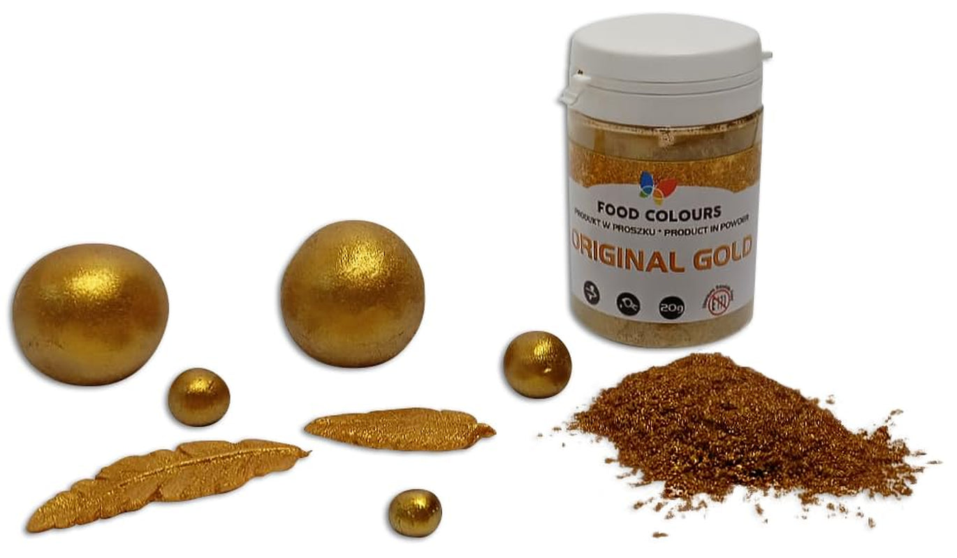 Barwnik spożywczy Barwnik spożywczy w proszku z efektem metalicznym ORIGINAL GOLD 20G barwnik spożywczy – Idealny do dekoracji ciast, tart, past cukrowych, ciasteczek i napojów.