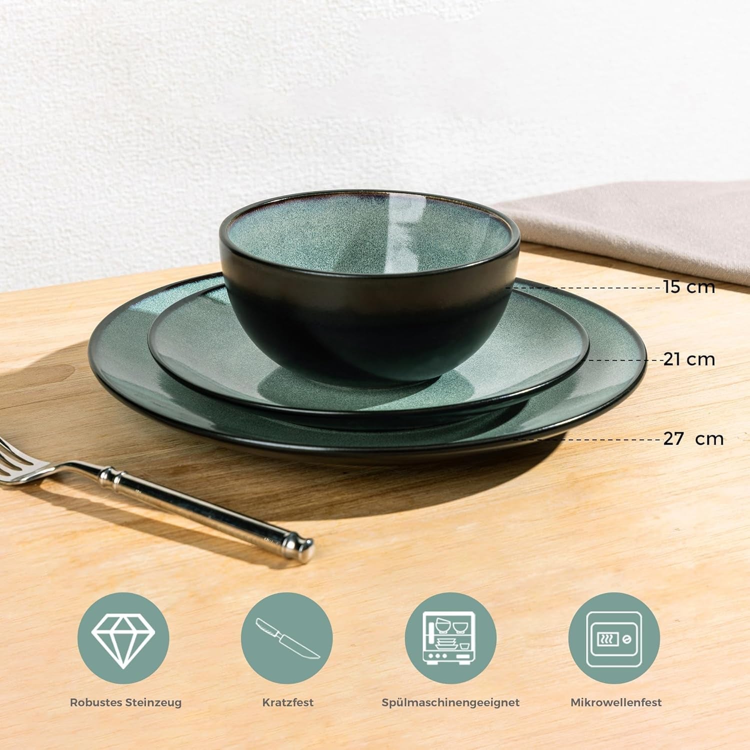 GBhome Zestaw porcelanowych naczyń obiadowych dla 4 osób 12-częściowy zestaw naczyń z glazurą reaktywną Ręcznie robiony zestaw misek i talerzy do kuchenki mikrofalowej i mycia w zmywarce Kolor benzyny GDW025WB-EU
