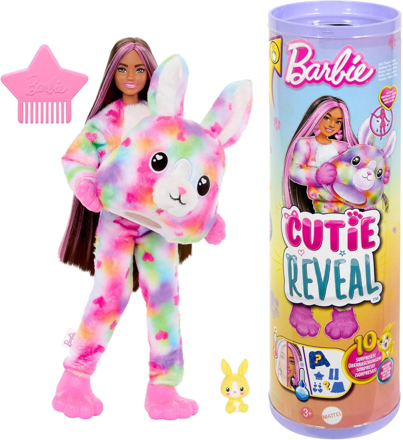 Barbie Cutie Reveal Lalka i akcesoria, pluszowy kostium króliczka Batik i 10 niespodzianek zmieniających kolor, seria Color Dream, HRK38 Naty Shop Lalki Batikowe króliczki