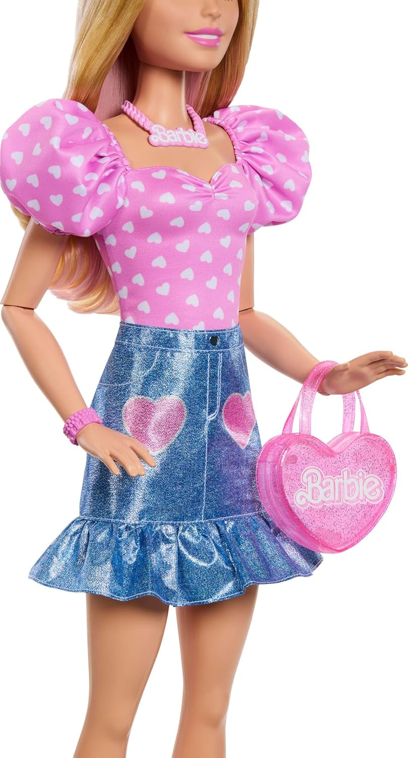 Modna lalka Barbie 71cm blond z odpinanymi ubraniami różowy top spódnica dżinsowa kowbojskie buty naszyjnik i torebka HYT84