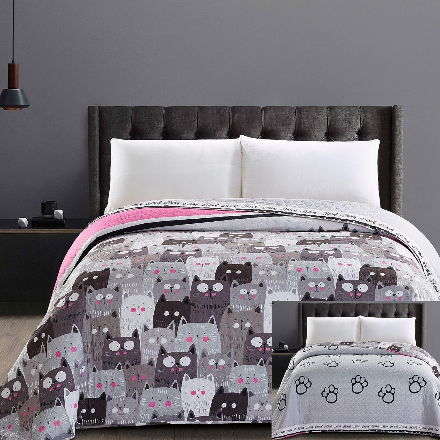 Decoking 32350 Narzuta 220X240 Cm Dwustronna narzuta z mikrofibry łatwa w utrzymaniu Beżowy Jasny brąz Kakaowy brąz Szary Stal Antracyt Grafit Czarny Biały Różowy Koty Inwazja kotów Łóżka i koce Beuche den DecoKing-Store 220X240 Cm