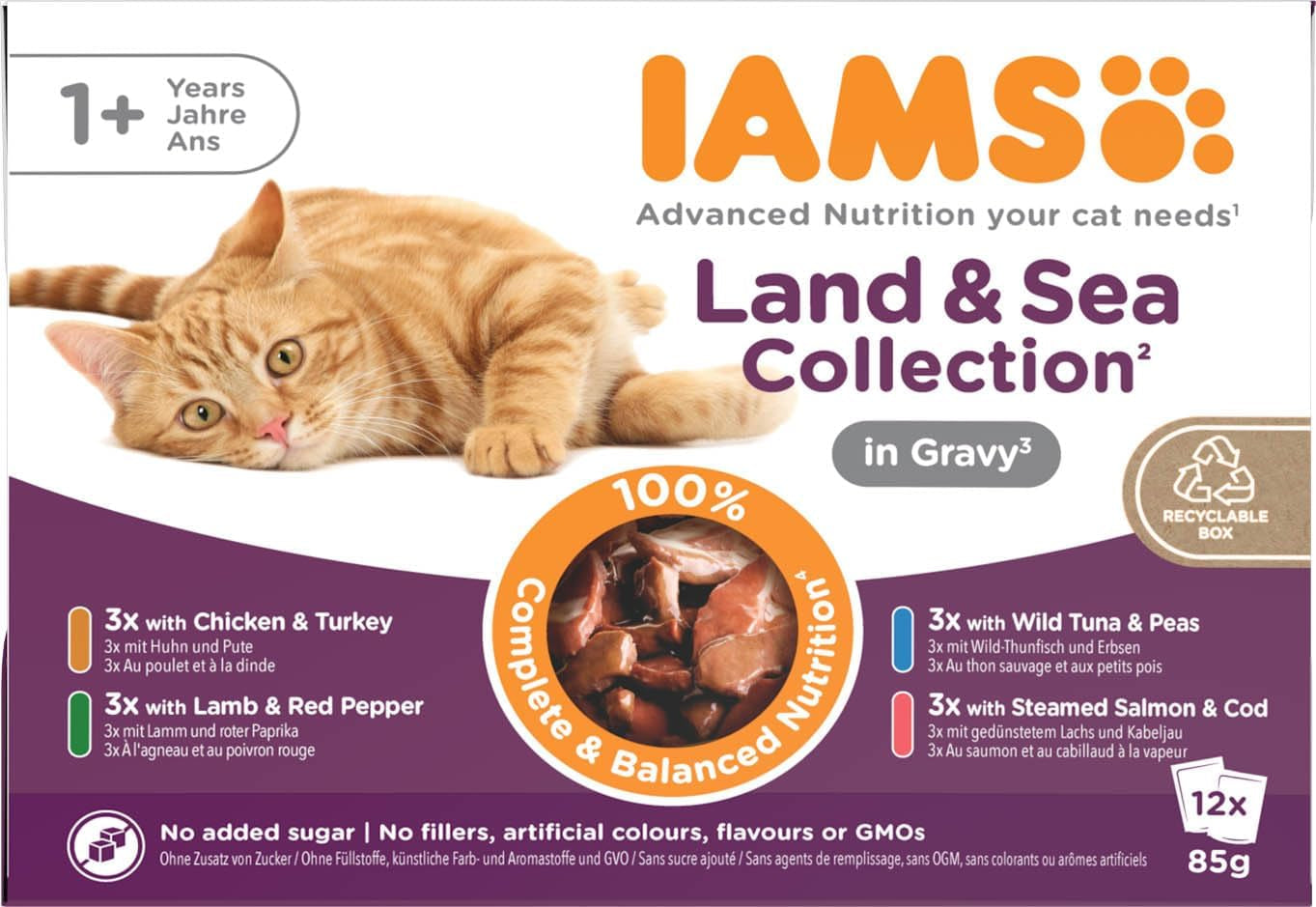 IAMS Delights Land & Sea Collection Mokra karma dla kotów - asortyment mięs i ryb Opakowanie zbiorcze w sosie, mokra karma dla kotów od 1 roku życia, 12 x 85 g