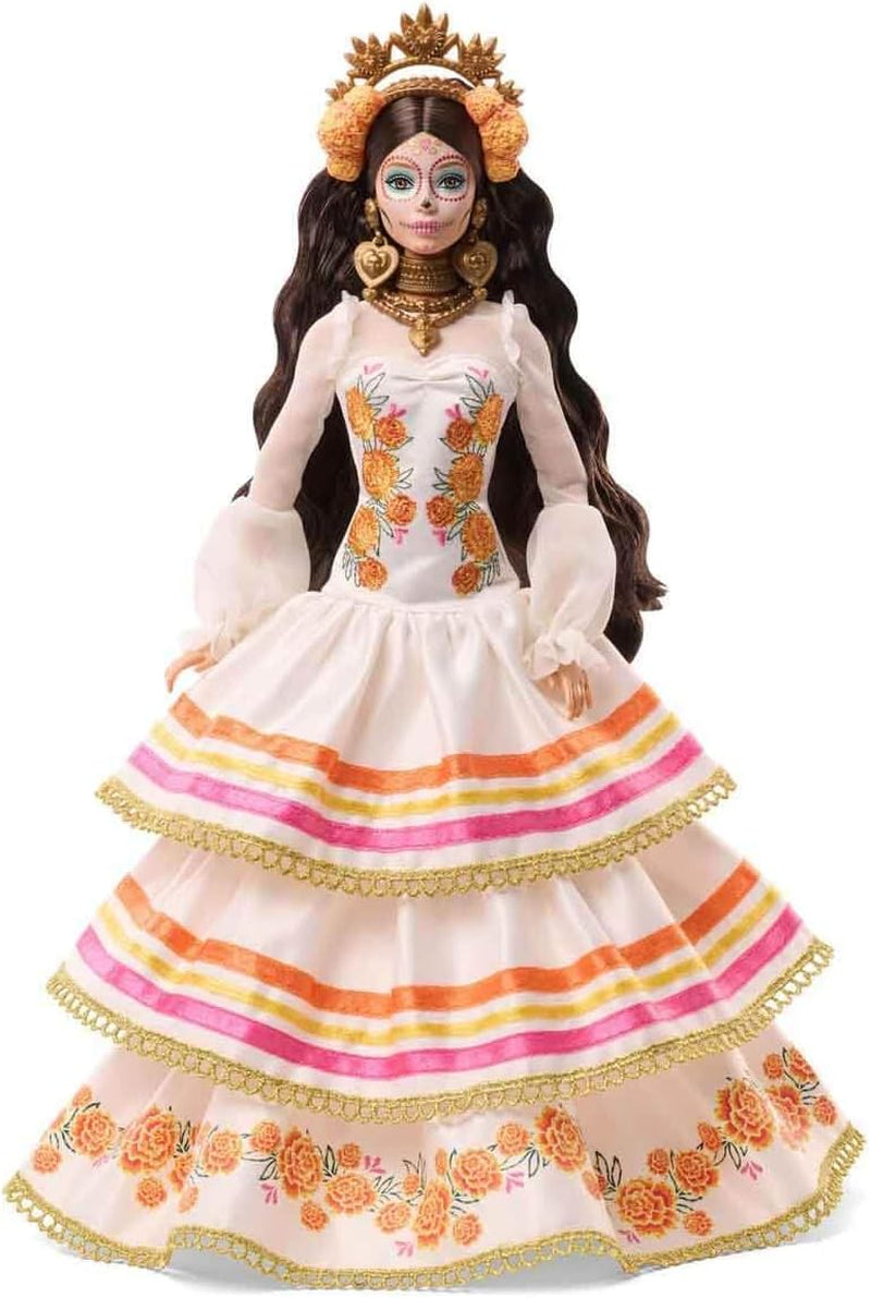 Lalka Barbie Signature Day of the Dead 2025 Figurka kolekcjonerska w kremowej sukience z falbankami, nagietkami i kokardkami, kwiatową koroną we włosach i farbą do twarzy Calavera, JBJ05