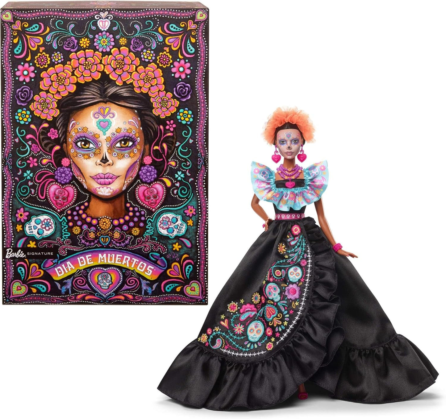 Podpisowa lalka Barbie, figurka kolekcjonerska Día De Muertos 2024 w czarnej sukience i niebieskim marszczonym topie, z haftowanym nadrukiem i kolorowymi dodatkami, HRM72