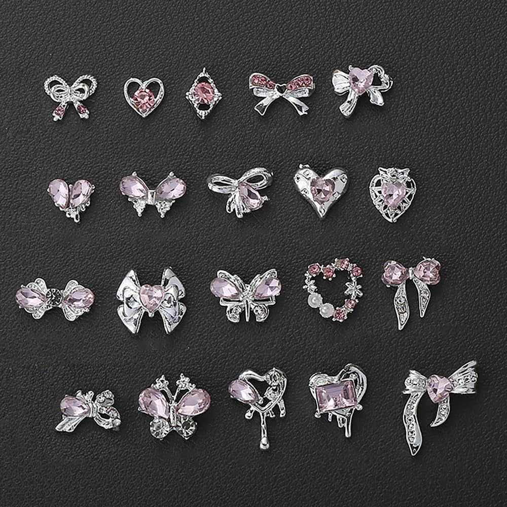 Luxus Rosa Diamant Nagel Charms 3D Butterfly Nail Art Charms Kokarda Charms do paznokci Y2K Heart Charms Nägel Zubehör Schmetterling Herz Schleife Nageldesign Edelsteine ​​​​Strasssteine ​​Glitzersteine ​​​​Nagelschmuck