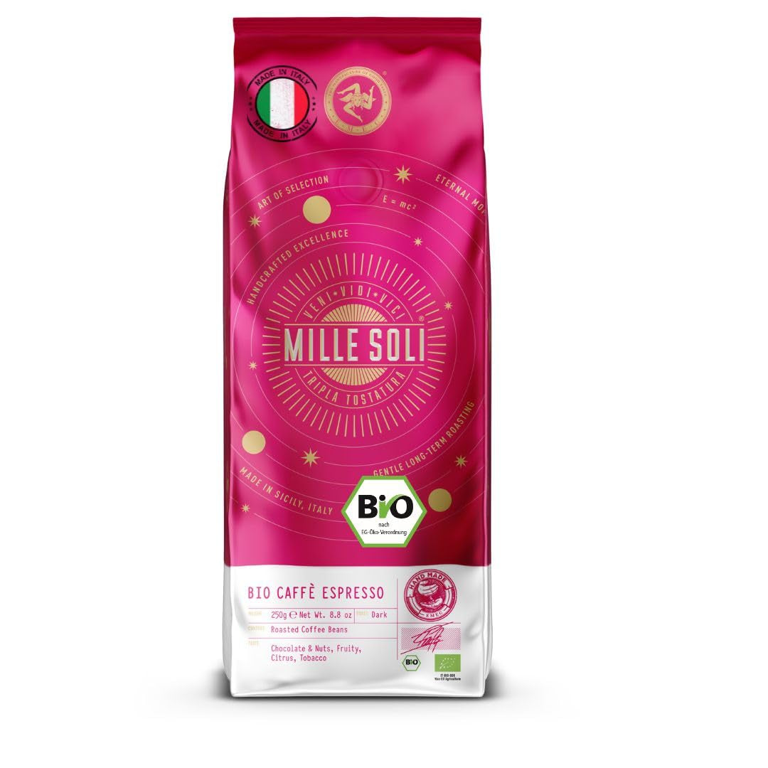 Caffè Organic Espresso Ziarna 250g - 100% Organiczne - Palone na Sycylii - Wielowiekowa, ręcznie robiona metoda palenia - Wysokiej jakości ziarna espresso do w pełni automatycznych ekspresów i kolby