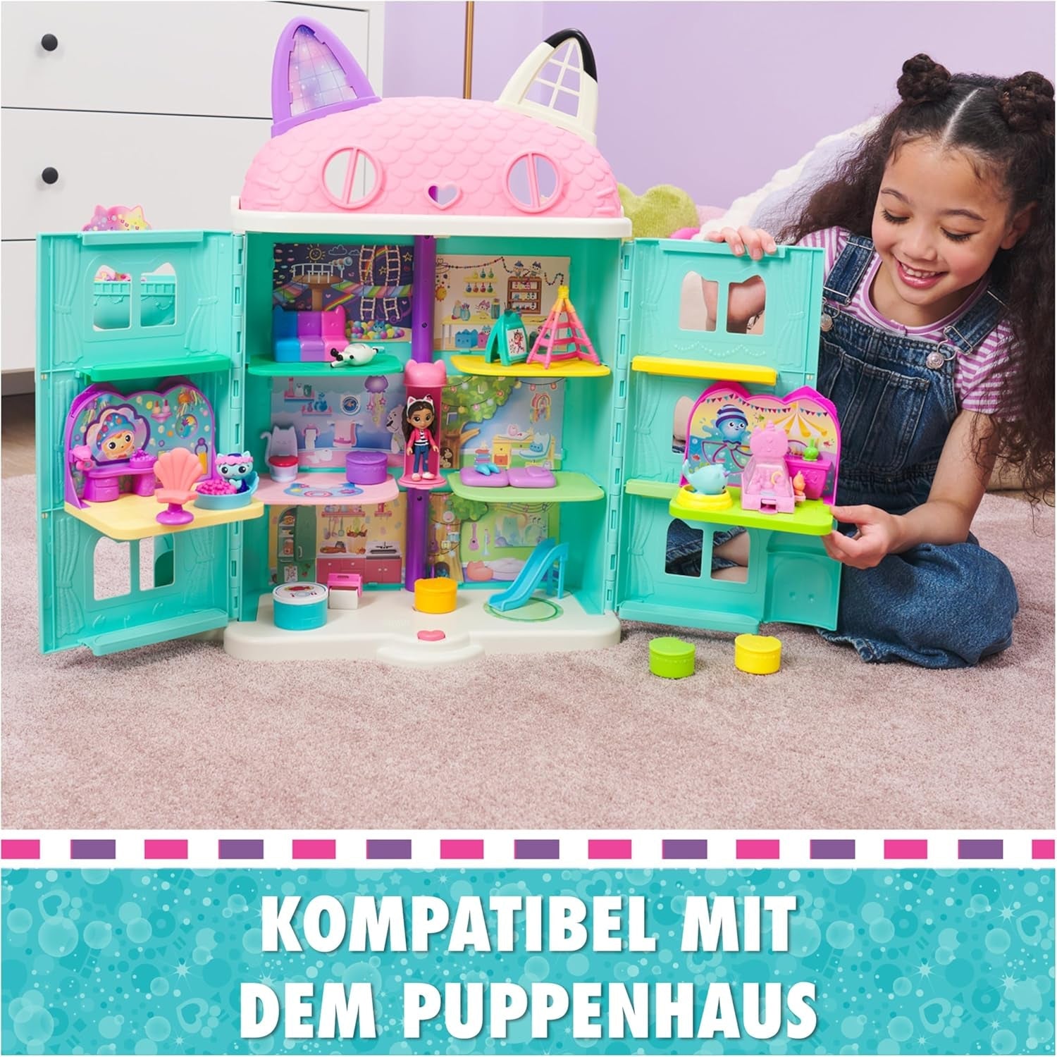 DREAMWORKS GABBY'S DOLLS HOUSE - zestaw do pokoju Deluxe, pokój imprezowy Kitty Narwhale, tematyczne meble i akcesoria, wiek 3+