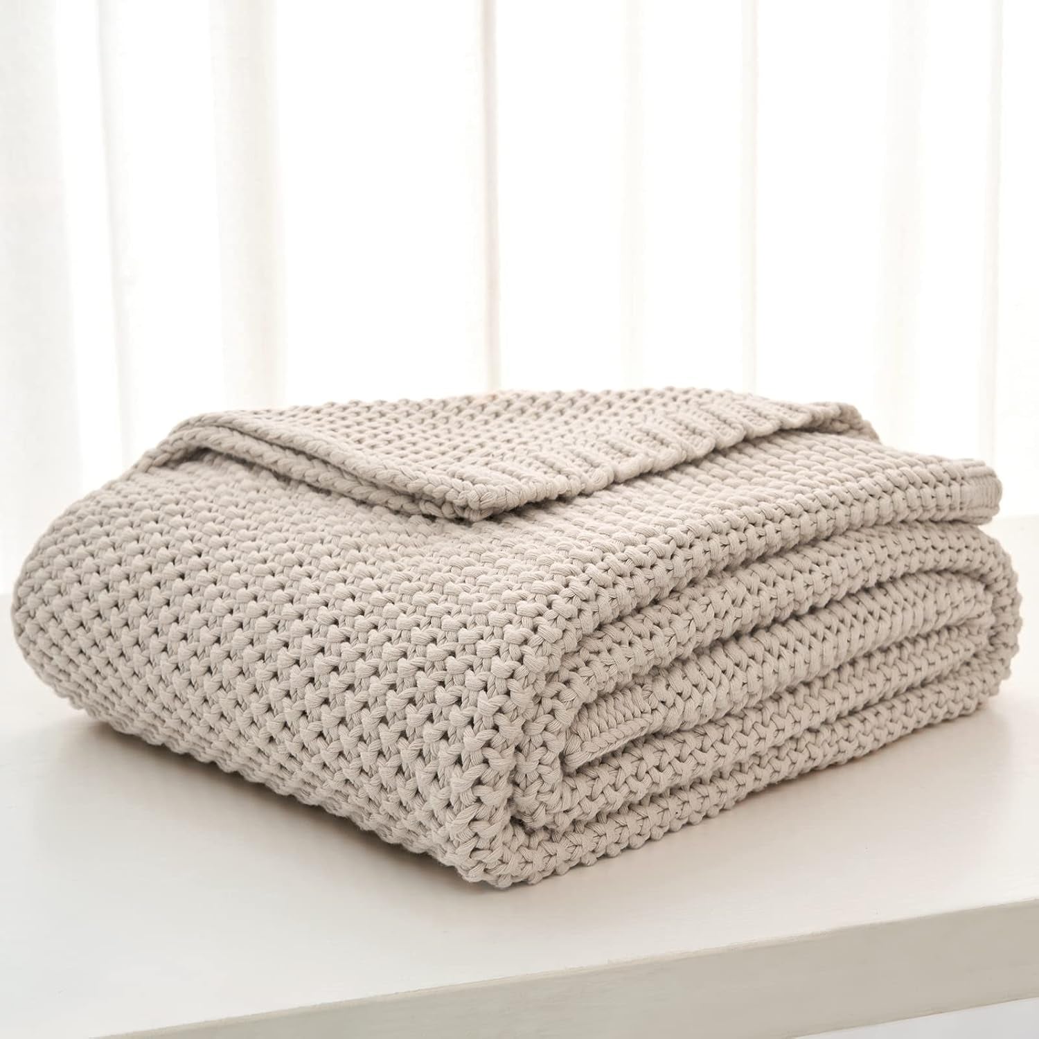 Koc z grubej dzianiny, lekki, beżowy, 100% bawełny organicznej, koc na kanapę, sofę, łóżko, dziecko, pokój dziecięcy, rustykalny, shabby chic, nowoczesny dom wiejski, 152,4 x 203,2 cm, w zestawie torba na pranie. Łóżka i koce Pościel Longhui
