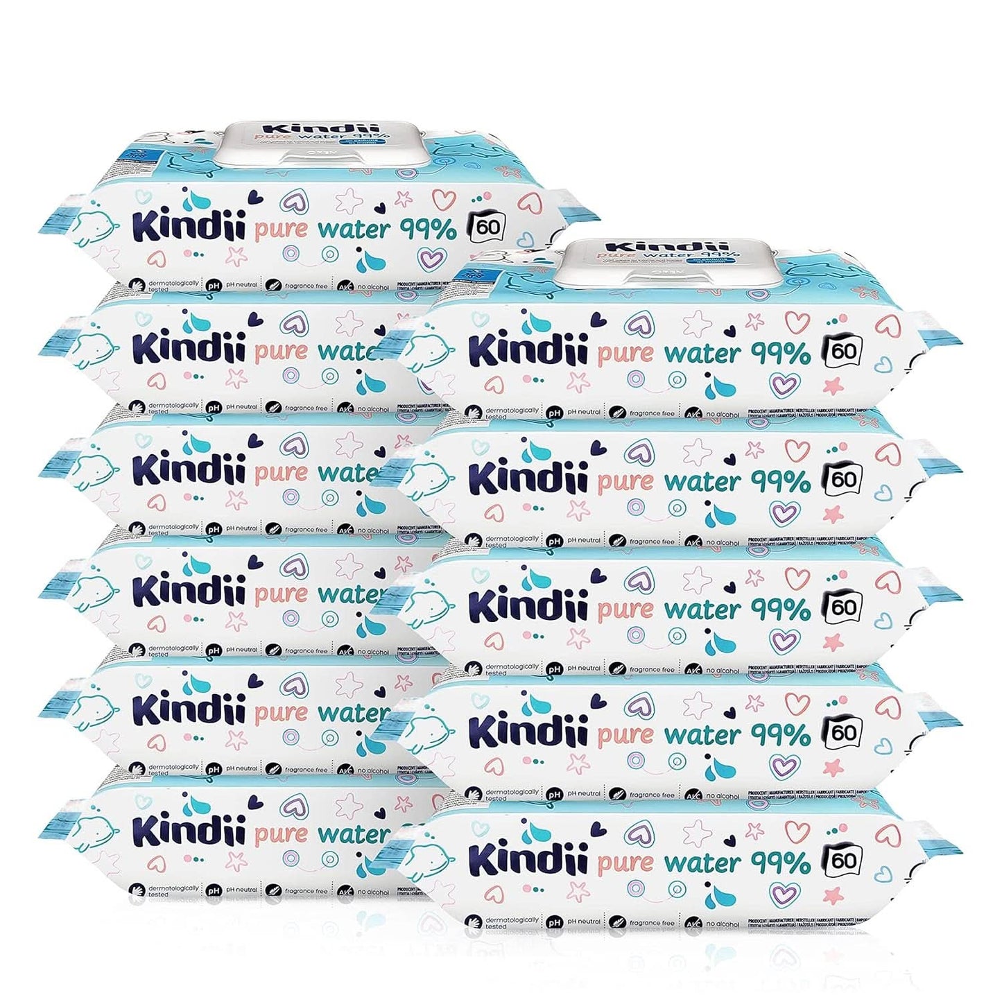 Kindii Feuchttücher Für Babies Und Kinder Pure Water 99% - 99%Ige Zusammenzeit Auf Wasserbasis - Alantoina - Unparfümiert - Dermatologisch Getestet - Für Empfindliche Haut - 720 Stück - 12X60 Stück Naty Shop