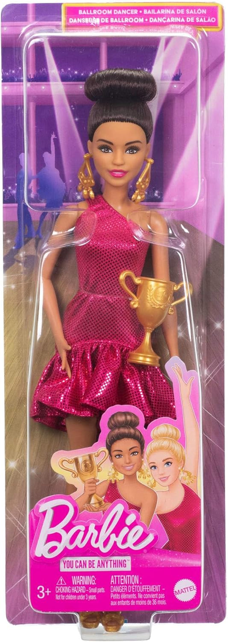 Lalka Barbie Tancerka turniejowa w czerwonej marszczonej sukience, butach do tańca, brązowych włosach i akcesoriach do trofeów tanecznych, JFR09