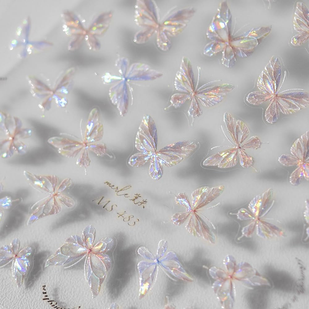 Glänzend Aurora Shell Schmetterling Nagelsticker Selbstklebend,Erleichterung Schmetterlinge Nail Naklejka Rosa Laser Schmetterling Nagelaufkleber Für Frauen Nageldesign Zubehör Nagel Zubehör Nail Art
