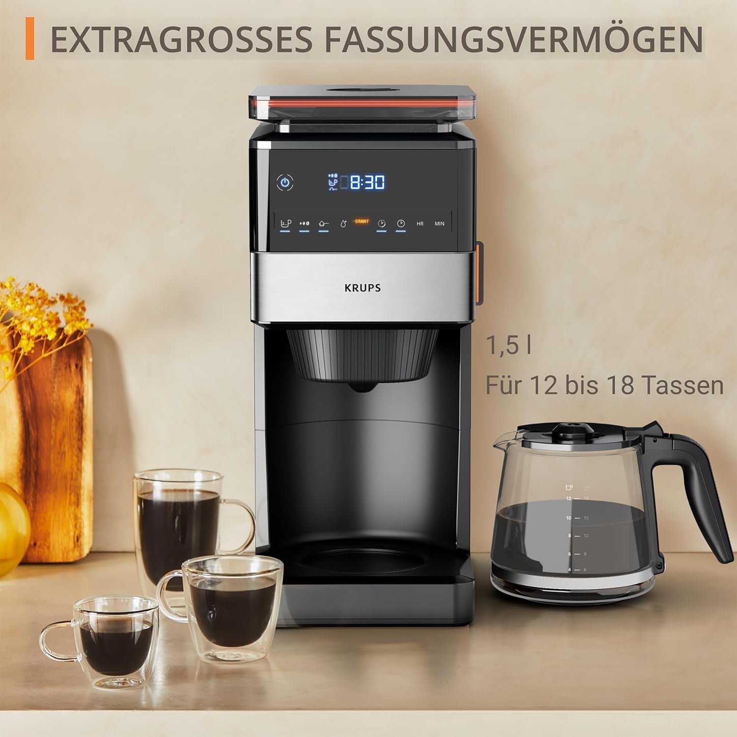 KRUPS Grind Aroma XL Ekspres do kawy, zdejmowany młynek stożkowy, cyfrowy panel sterowania, pojemność XL (1,5 l), funkcja utrzymywania ciepła, szklana karafka, czarny/stal nierdzewna, KM842810