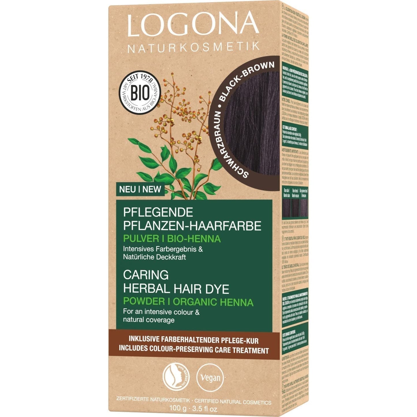 LOGONA Natural Cosmetics Ziołowa odżywcza farba do włosów, organiczna henna w proszku Wegańska farba do włosów dla intensywnego koloru i połysku, ziołowa farba do włosów w kolorze Miedziany Blond (Blond), 1 x 100g Naty Shop Farba do włosów Czarno-Brązowy 100G (1 opakowanie)