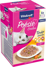 Vitakraft Poésie Création, Tender Selection, Mokra karma dla kota, Mokra karma dla kota w sosie, z kurczakiem, z indykiem, z wołowiną, bez dodatku cukru i zbóż (1 opakowanie 6 x 85g)