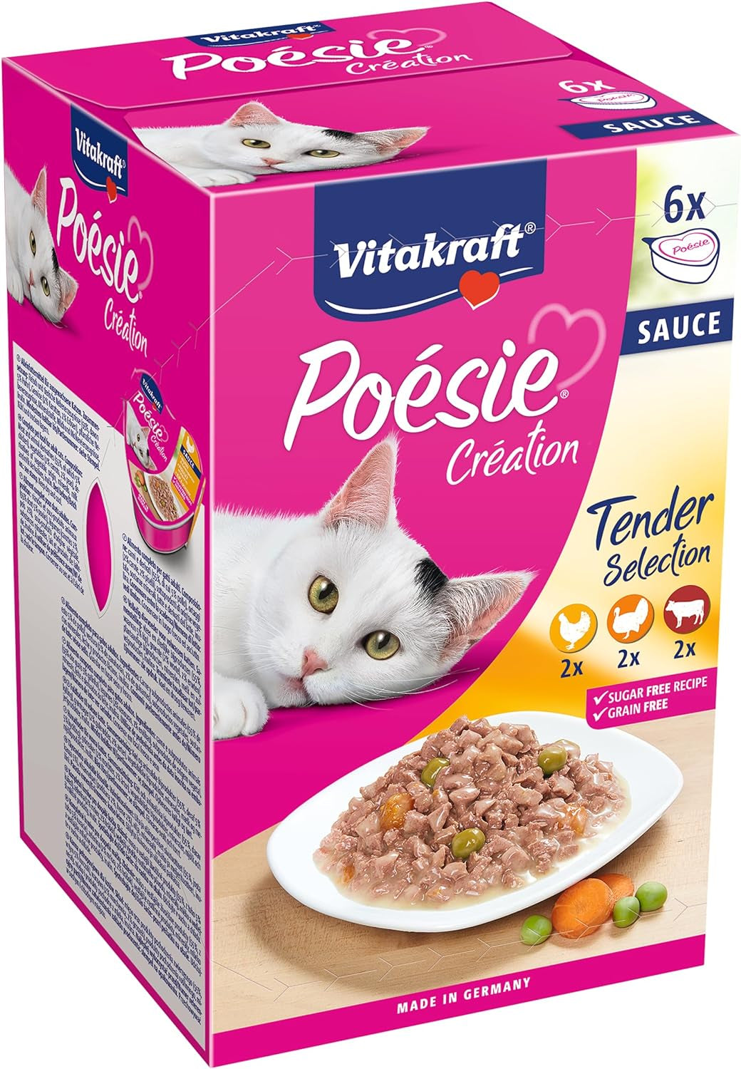 Vitakraft Poésie Création, Tender Selection, Mokra karma dla kota, Mokra karma dla kota w sosie, z kurczakiem, z indykiem, z wołowiną, bez dodatku cukru i zbóż (1 opakowanie 6 x 85g)