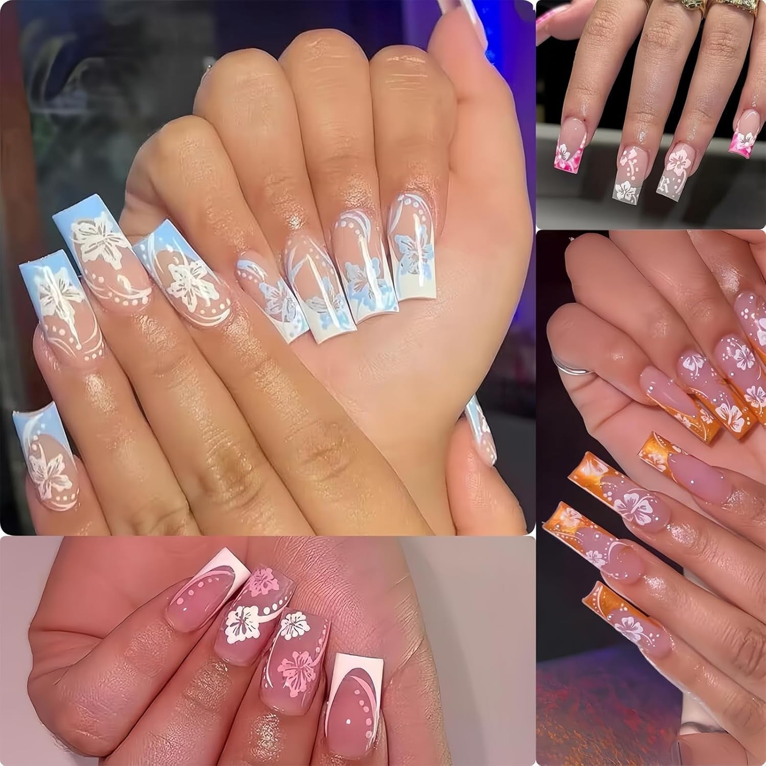 8 Stück Hibiskus Nagelsticker, 3D Selbstklebende Blumen Nagelaufkleber, Weiß Rosa Gelb Magenta Sommer Neonail naklejka, Nail Art Zubehör Nagel Deko für Frauen