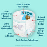 Spodnie ochronne Pampers Premium rozmiar 7, 123 pieluszki, 15 kg+, z regulacją 360° i miękkimi mankietami zapobiegającymi wyciekaniu dla optymalnego komfortu i ochrony