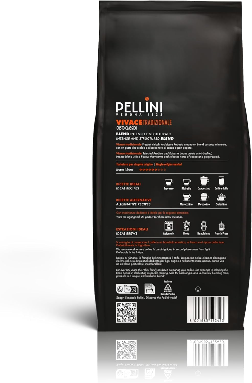 Pellini N.82 Vivace, Kaffeebohnen für Espresso 1 kg, Arabica i Robusta-Mischung mit Kräftigem und Ausgefungem Gesmack, Mittlere Röstung