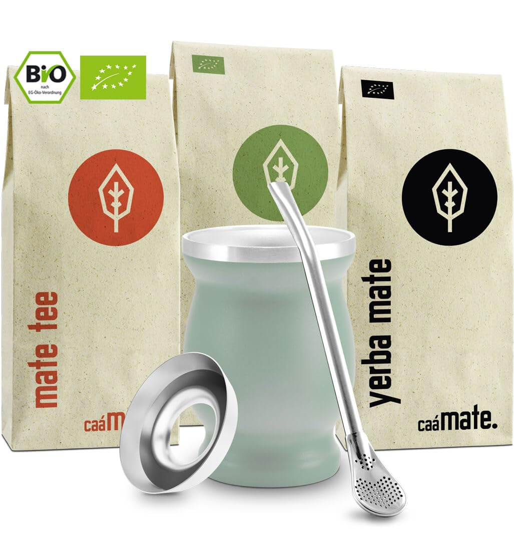 Zestaw do herbaty Mate Bio ● 3 rodzaje Mate + Kubek Mate ze stali nierdzewnej o podwójnych ściankach + Bombilla + Instrukcja parzenia (czarna)
