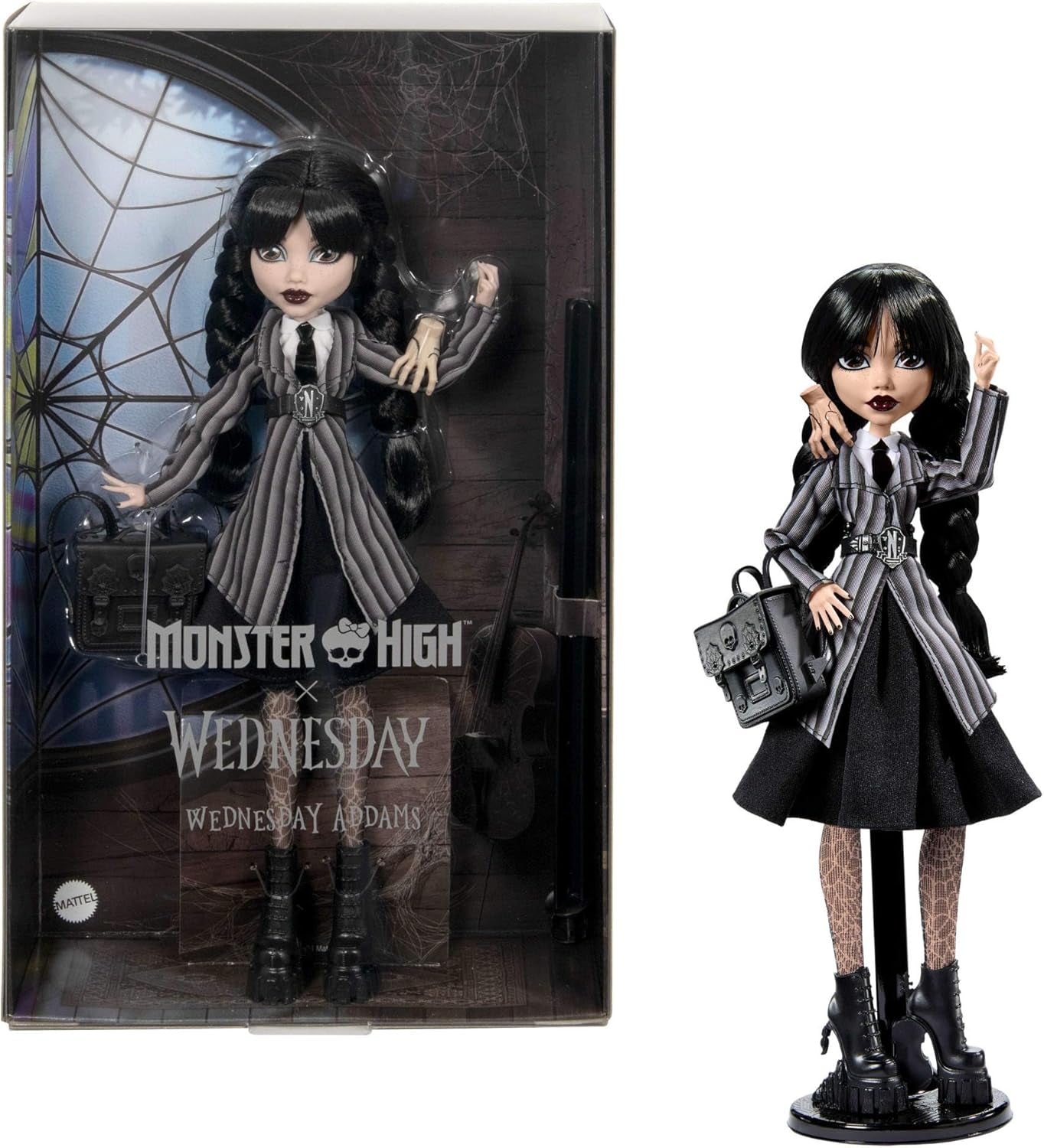 Monster High Wednesday Addams Figurka kolekcjonerska Wednesday Addams w mundurze Akademii Nevermore z lodowato zimną dłonią i plecakiem Stojak dla lalek HXJ04 Lalki Naty Shop [wielokolorowe]