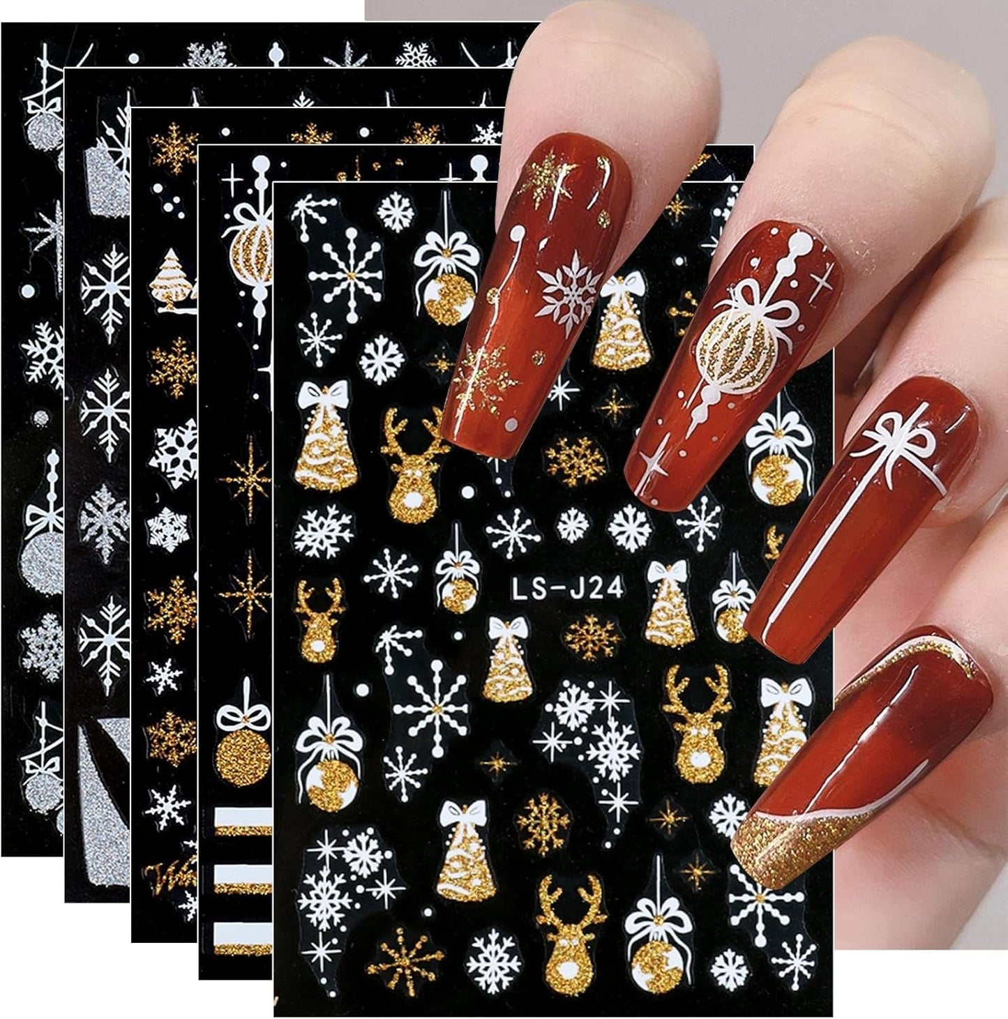 JMEOWIO Nagelsticker Weihnachten Gold Glitter Silber 8 Blatt Nail Art Naklejka Selbstklebend Nagelaufkleber Schneeflocke Winterurlaub Dekoration Nageldesign Zubehör