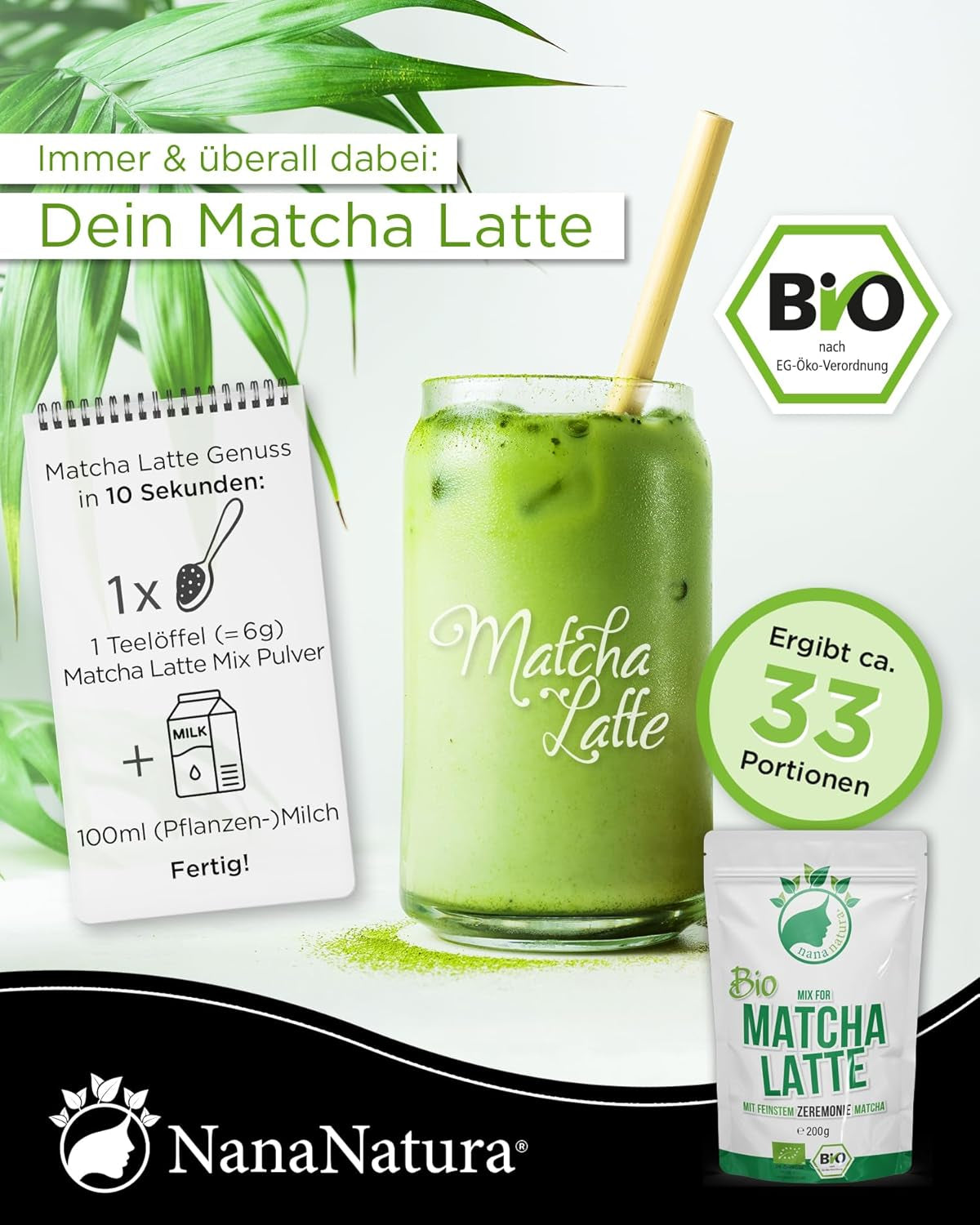 Mieszanka Bio Matcha Latte firmy Nananatura z 22% ceremonialnej zielonej herbaty w proszku z Japonii | Dla prostej i pysznej przyjemności picia herbaty | Nadaje się również do lodów i ciastek