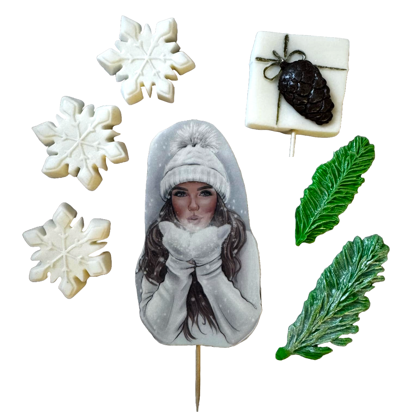Zestaw 7 dekoracji z jadalnej pasty cukrowej, Piękna Dama, biały kapelusz. Ozdoby z pasty cukrowej Naty Shop