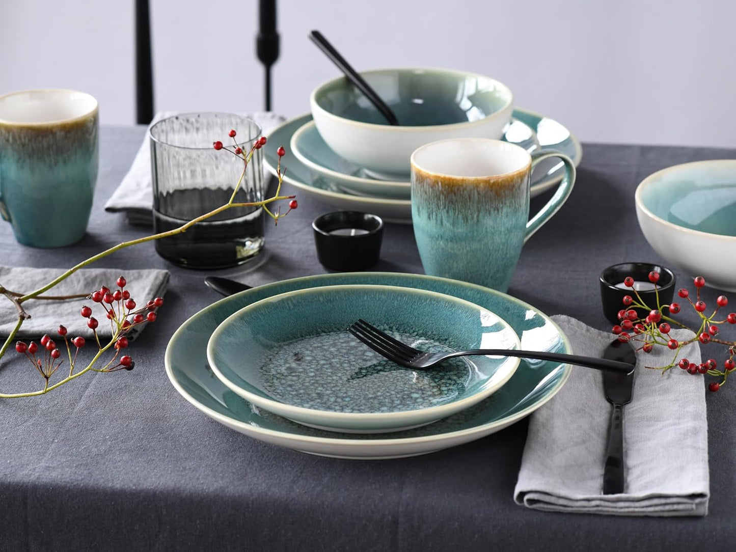 Creatable, seria Caldera, zestaw kamionkowych naczyń obiadowych do mycia w zmywarce i kuchence mikrofalowej, produkcja wysokiej jakości (zielony 8-częściowy zestaw Combo)