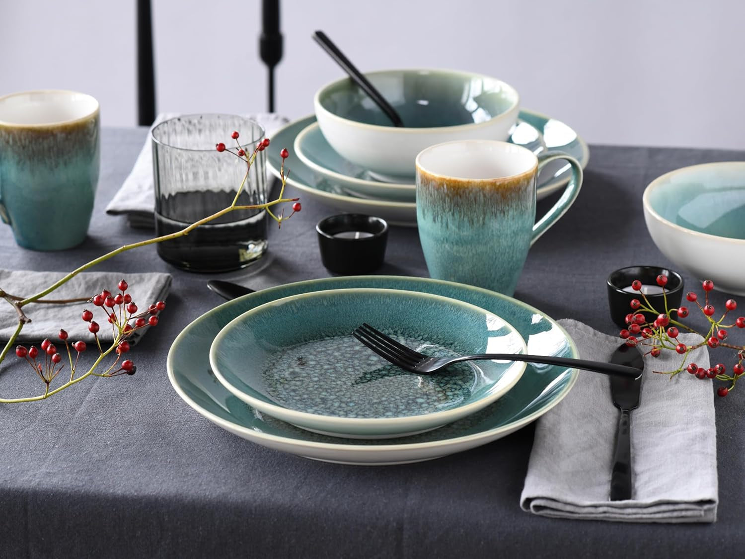 Creatable, seria Caldera, zestaw kamionkowych naczyń obiadowych do mycia w zmywarce i kuchence mikrofalowej, produkcja wysokiej jakości (zielony 8-częściowy zestaw Combo)