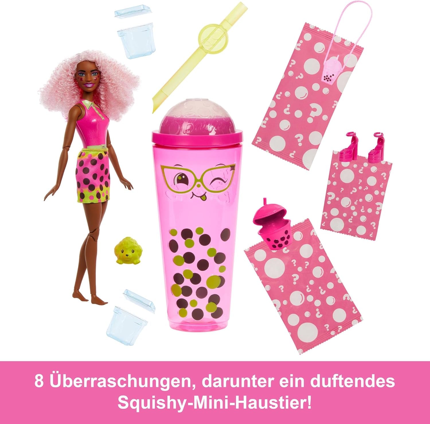 Barbie Pop Reveal Bubble Tea Lalka i akcesoria, Lalka modowa pachnąca Berry Bliss ze zwierzakiem, 8 niespodzianek, zawiera zmieniacz kolorów, kubek do przechowywania, HTJ20