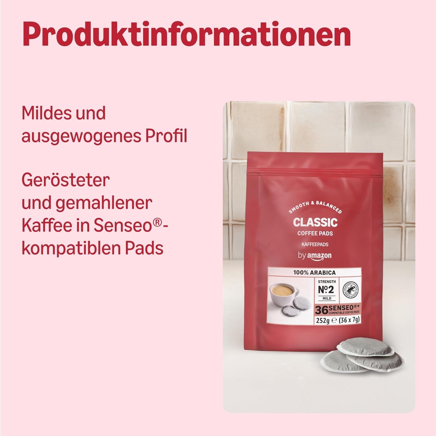 by Amazon Klassische Kaffeepads aus 100% Arabica, geeignet für Senseo-Maschinen, 36 Stück (1 Packung mit 36 ​​​​Stück) – Rainforest Alliance-zertifiziert