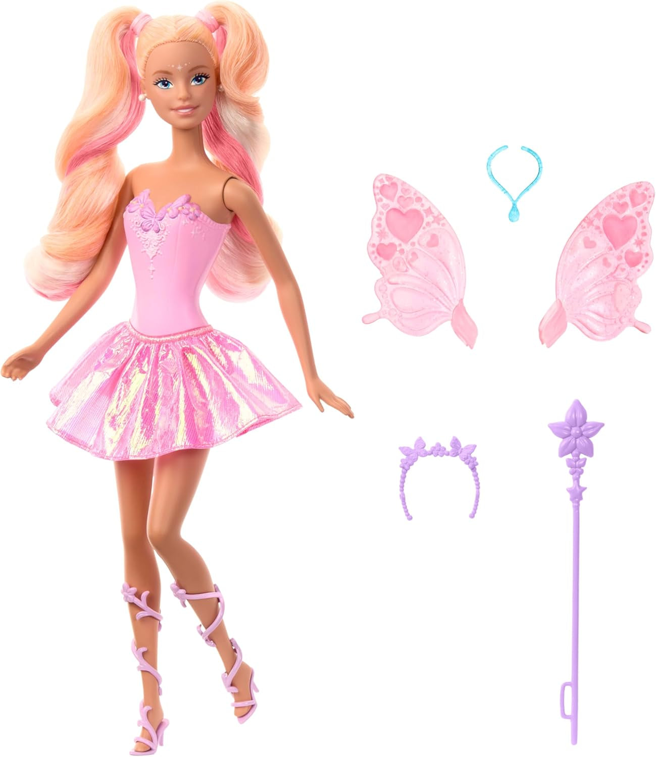 Lalka Barbie Mattel Wróżka z różdżką i modnymi dodatkami, fantastyczny motyw ze skrzydłami i strojem zmieniającym kolor, JCP76, [wielokolorowe] lalki Naty Shop