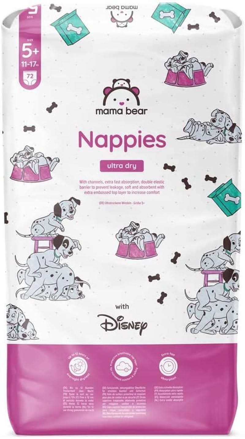 Pieluchy Mama Bear Disney Ultra Dry rozmiar 4 (8-14kg), białe, 84 sztuki (1 opakowanie) Naty Shop rozmiar 5+ (11-17kg) opakowanie pojedyncze