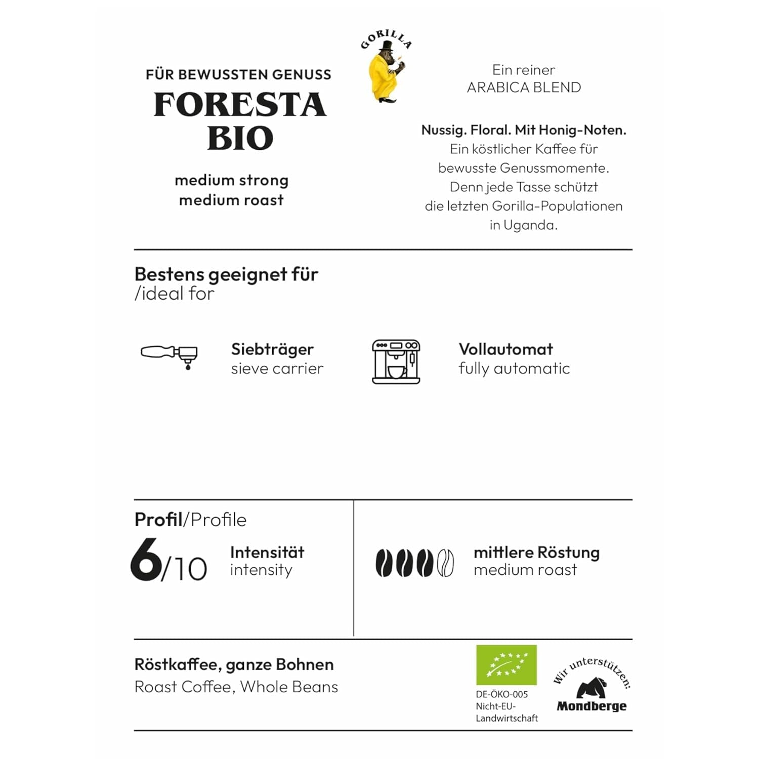 Kawa Gorilla Foresta, opakowanie podwójne, 2 x 1 kg, palone ziarna | Mieszanka arabiki, całe ziarna | W pełni automatyczny ekspres do kawy z kolbą | Kawa espresso