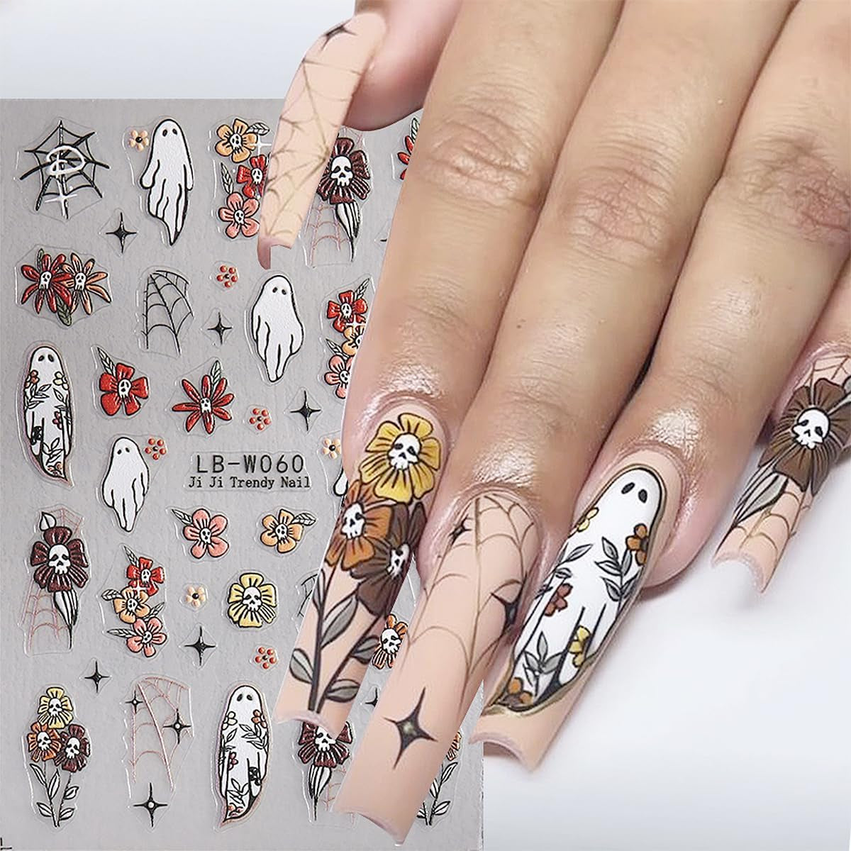 JMEOWIO Nagelsticker Halloween 9 Blatt Nail Art Naklejka Selbstklebend Nagelaufkleber Süße Geisterblume Dekoration Nageldesign Zubehör