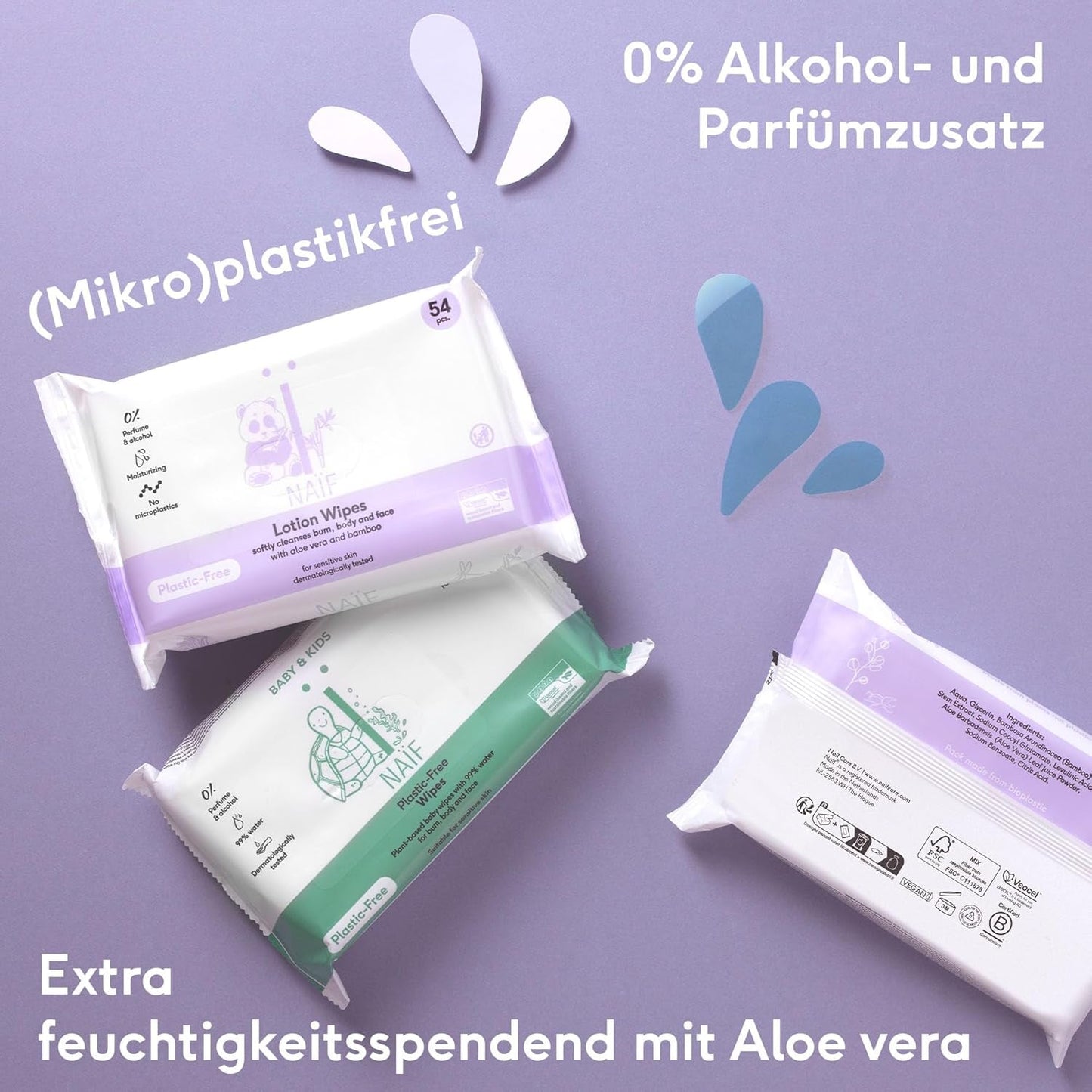 Naïf - Chusteczki nawilżane bez plastiku - 162 sztuki (3 opakowania po 54 chusteczki w każdym) - dla niemowląt i dzieci - do ust, ciała, twarzy - z aloesem i bambusem - 0% substancji zapachowych i alkoholu