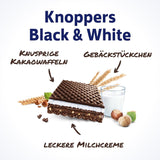 Knoppers Biało-Czarny – 8 x 25g – Plastry wafla nadziewane waflami ciemnego kakao, kawałkami czarnych herbatników, mlekiem i kremem nugatowym